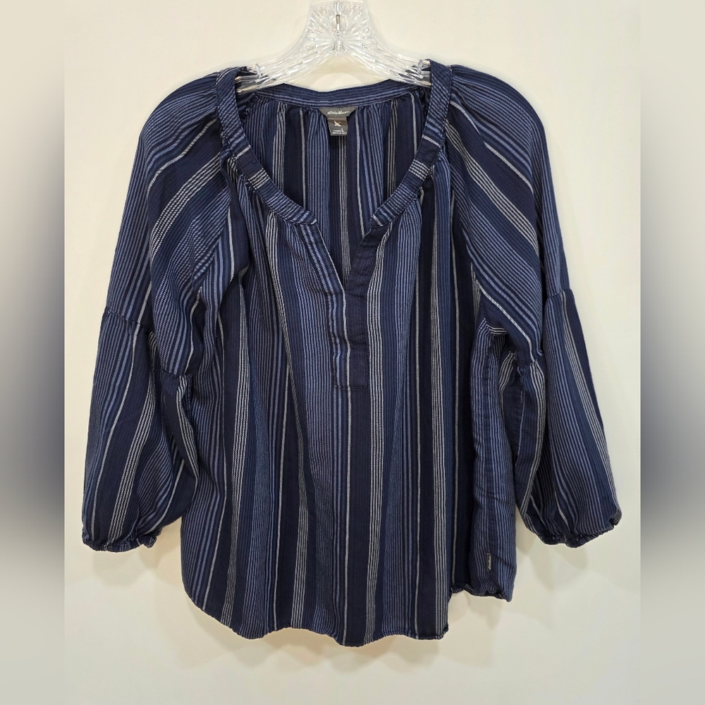 Eddie Bauer Women's Peasant Shirt Blue Stripe Size Large Vneck Balloon Sleeve